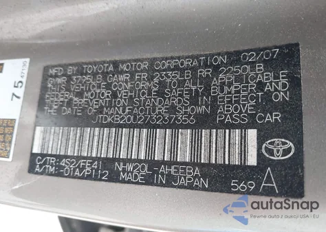 2007 Toyota Prius z USA, uszkodzony, nr VIN JTDKB20U273237356